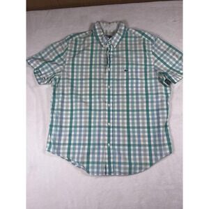 Lacoste Shirt Mens 42 Green Blue Check Short Sleeve Button Down Casual Cotton
